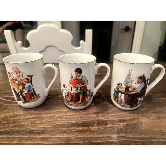 1982 Norman Rockwell Museum Coffee Mugs Cups White/Gold Trim Set of 6 Collection - Picture 4 of 16